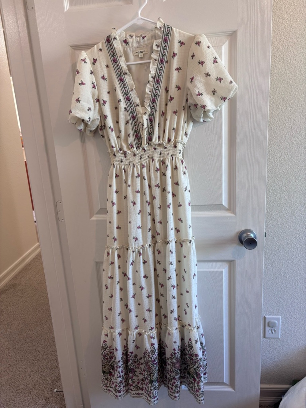 Max Studio Cream Maxi Dress with Pink & Green Floral Print